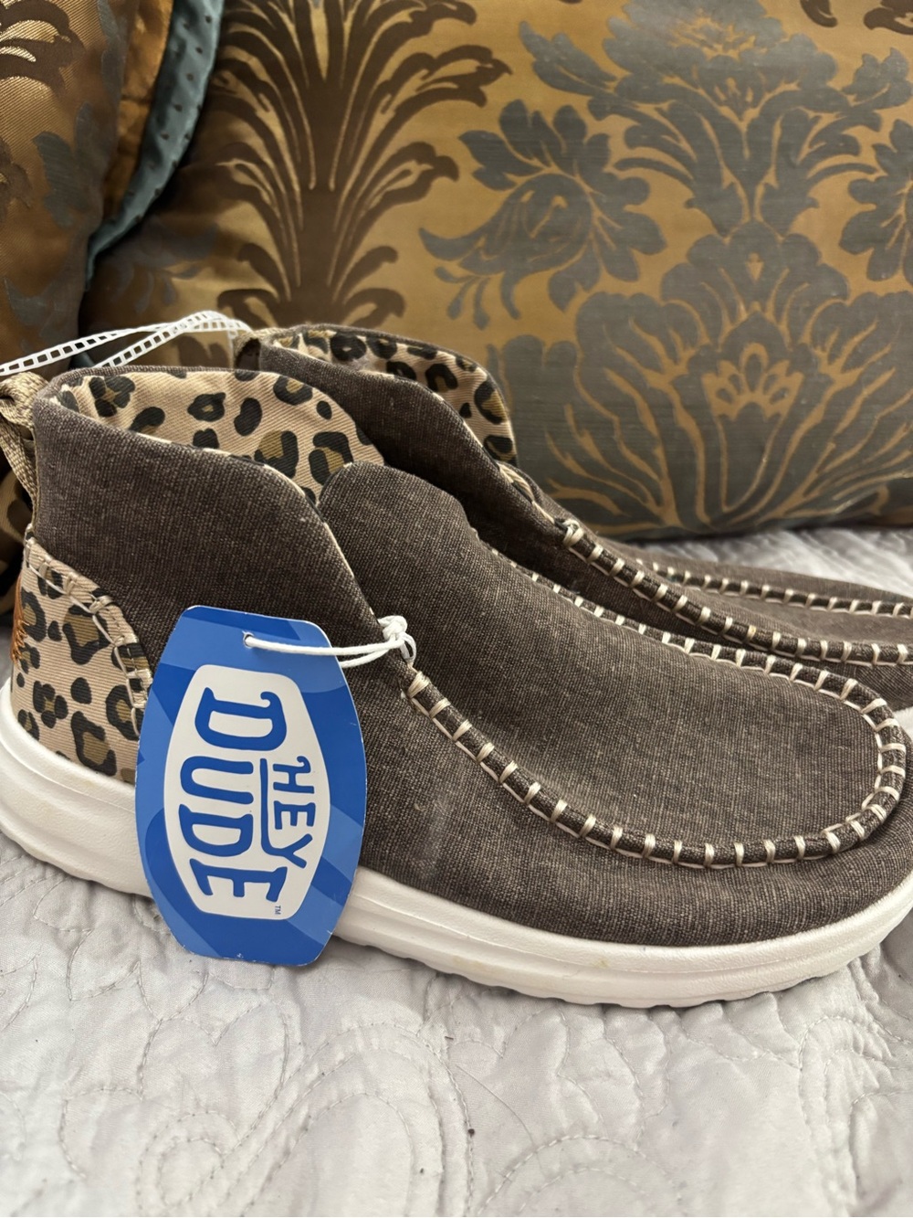 Hey Dude Brown Canvas Slip-Ons with Leopard Heel Accent 7